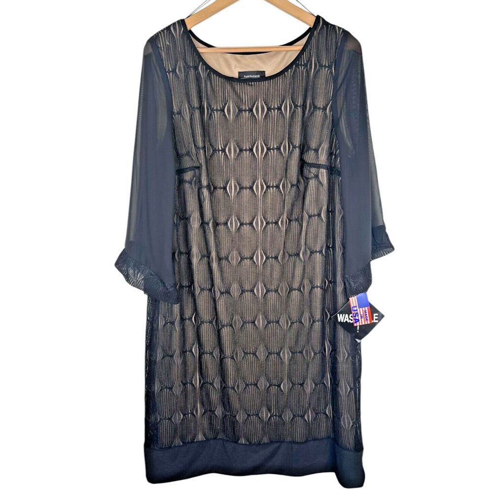 R&M Richards Black Lace Illusion Dress Sequins Sheer 3/4 Sleeves‎ Size 14W NWT